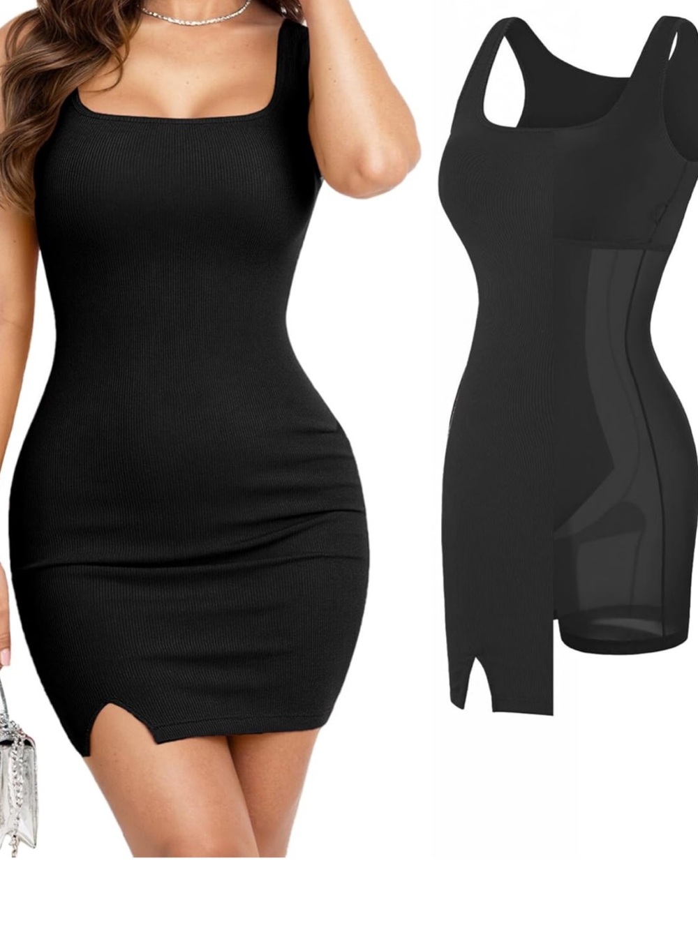 Women’s Black Bodycon Square-Neck Dress with Shapewear